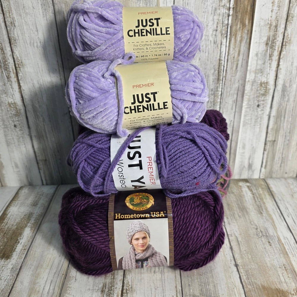 Premier Just Chenille Lion Brand Hometown USA Purple Yarn Lot 7 Skeins Lavender